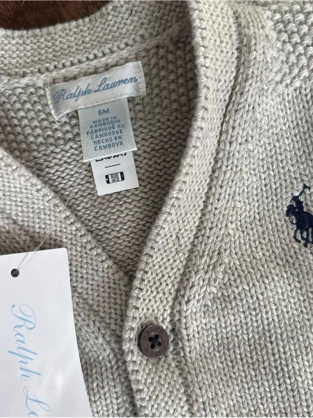 Ralph Lauren Light Gray Knit Baby Cardigan with Navy Pony